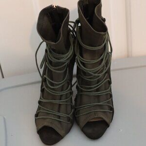 Simmi London Olive Green Suede Lace-up Peep-toe Stiletto Boots Size 9